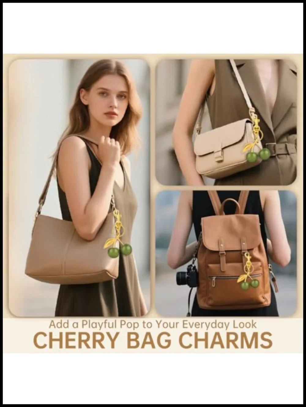 Cherry Keychain Bag Charm Gold-Tone Metal Resin Key Ring Purse Accessory
